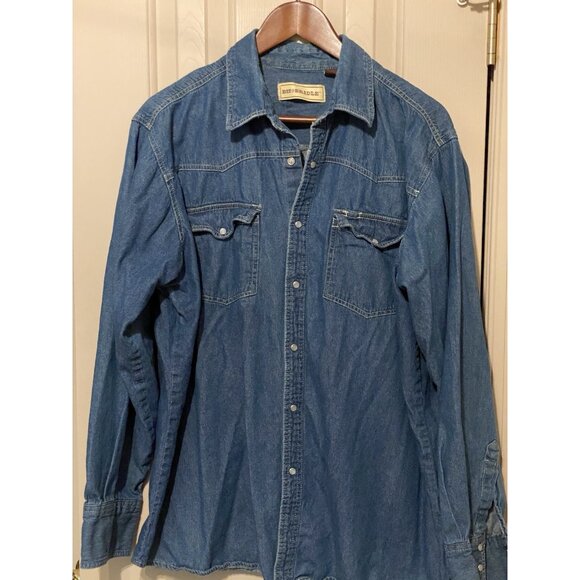 Bit & Bridle Blue Denim Long Sleeve Pearl Snap Down Men's XXL - Picture 3 of 6